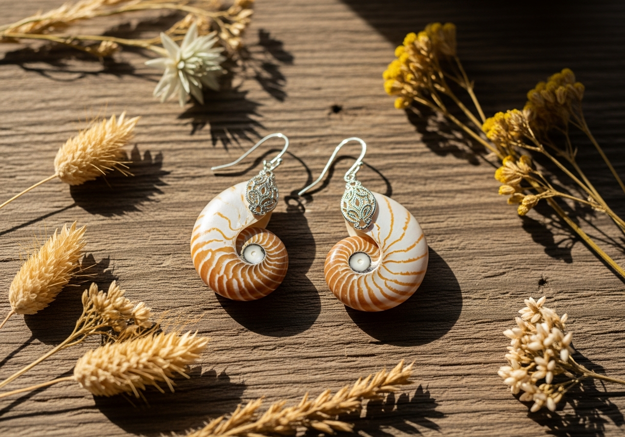 Серьги из ракушек на деревянном фоне